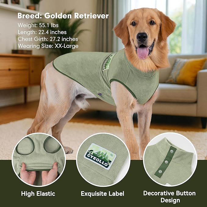 cyeollo 3XL Fleece Dog Sweater, Pullover Sweatshirt Stretchy Fleece Vest Warm Winter Fall Clothes for Large Dogs Boy Turtleneck Pet Apparel, Green XXXL