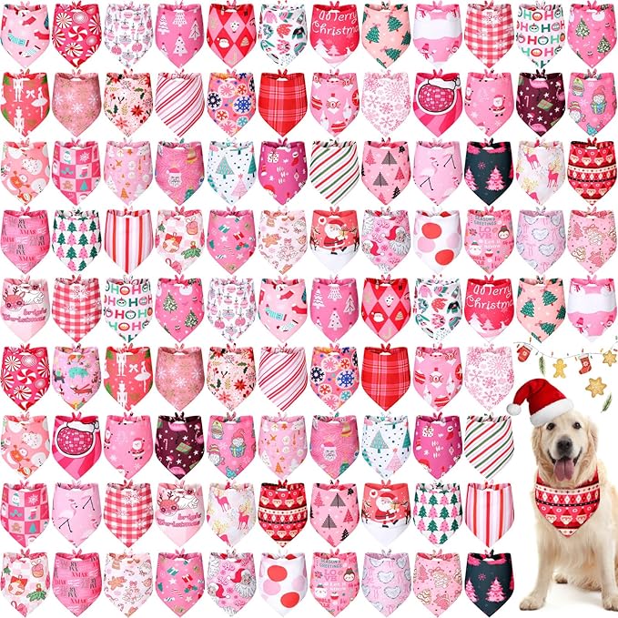 Newwiee 100 Pieces Pink Christmas Dog Bandanas Bulk for Dogs Soft and Breathable Adjustable Christmas Tree Santa Snowman Patterns Printing Dog Kerchief for Small to Large Puppy Cat
