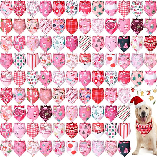 Newwiee 100 Pieces Pink Christmas Dog Bandanas Bulk for Dogs Soft and Breathable Adjustable Christmas Tree Santa Snowman Patterns Printing Dog Kerchief for Small to Large Puppy Cat