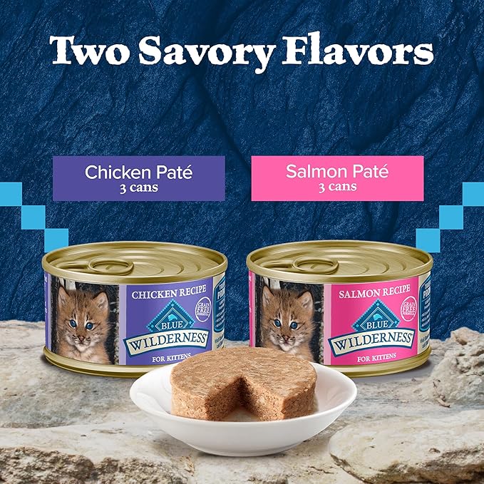 Blue Buffalo Wilderness Kitten Food, High-Protein & Grain-Free Wet Cat Food Paté Variety Pack, Chicken & Salmon Recipes, 3-oz Cans (6 Count, 3 of Each)