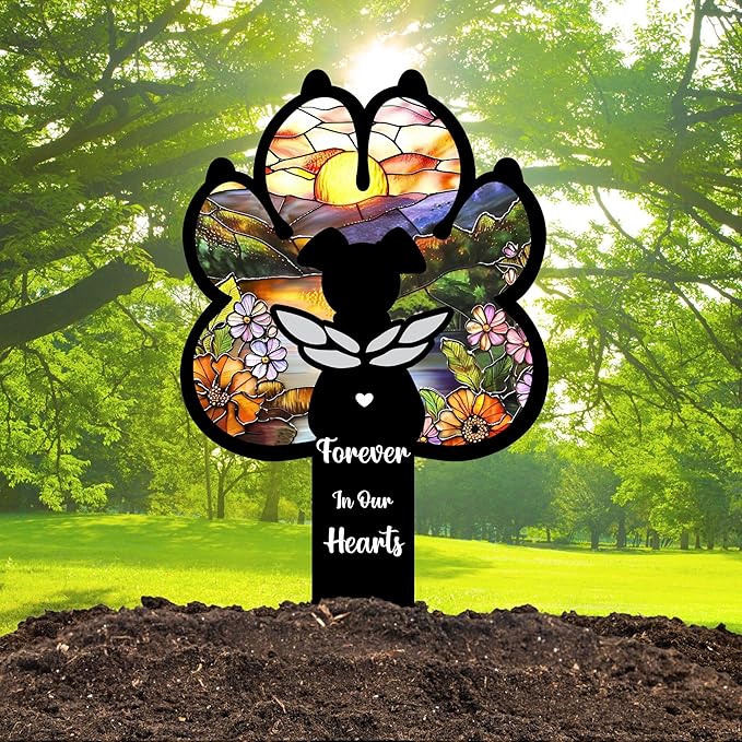 Angel Dog Suncatcher Pet Loss Gift – 12in Paw-Shaped Metal Grave Marker, Weatherproof Dog Memorial Plaque for Garden or Indoor Display, Remembrance Gift for Loss of Beloved Pet