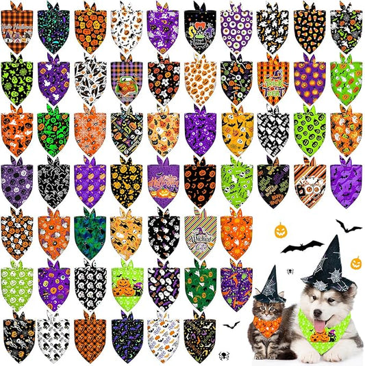 60Pcs Halloween Dog Bandanas Bulk Adjustable Dog Scarves Bibs Pumpkin Bat Ghost Puppy Bandanas Pet Neckerchief Washable Holiday Halloween Bandanas for Small Medium Large Dog Pet Grooming Accessories