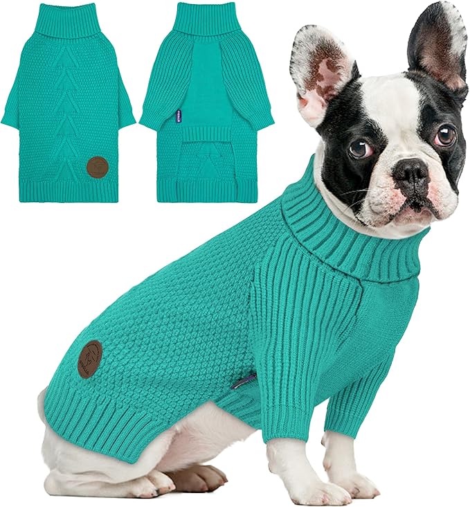 cyeollo Fleece Dog Sweaters for Medium Dogs Male, Stretchy Warm Turtleneck Doggy Clothes for Fall Winter Pullover Doggie Jacket Thermal Knit Pet Apparel with Sleeves, Aqua Green XL