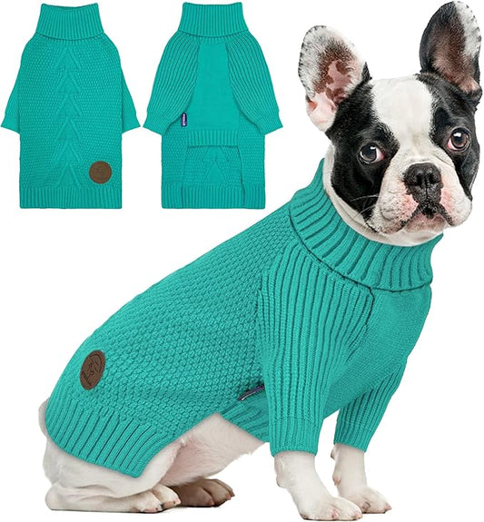 cyeollo Warm Fleece Dog Sweater, Tureleneck Sweatershirt for Small Boy & Girl Dogs Pullover Doggy Clothes in Cold Weather Stretchy Fall Winter Pet Outfit Puppy Coat, Aqua Green M