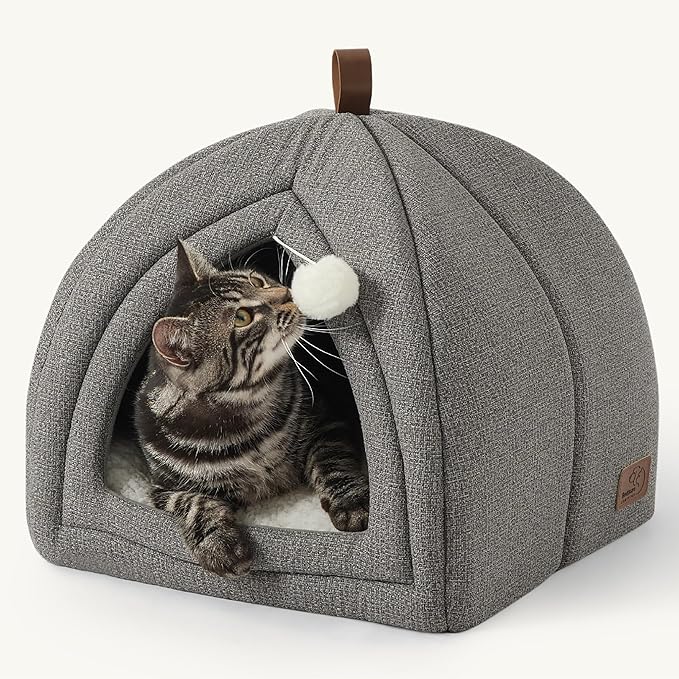 Bedsure Cat Beds for Indoor - 2 in 1 Cat Cave House Tent for Kittens and Small Pets with Removable Washable Cushioned Pillow, Foldable Kitten Hideaway with Non-Slip Bottom, Grey, 16 inches
