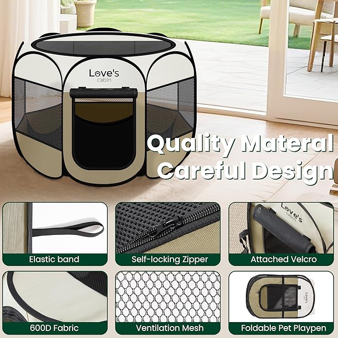 Love's cabin Pet Puppy Dog Playpen, Medium Dog Tent Crates Cage Indoor/Outdoor, Portable Playpen for Cat, Foldable Pop Up Dog Kennel Playpen with Carring Case, Removable Zipper Top, Khaki