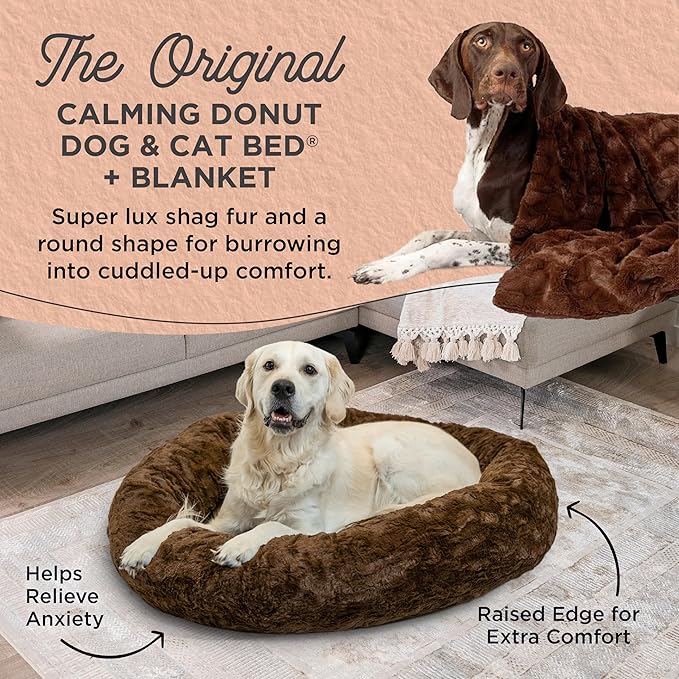 Best Friends by Sheri Bundle Set The Original Calming Lux Donut Cuddler Cat and Dog Bed + Pet Throw Blanket, Dark Chocolate, Large, 36x36