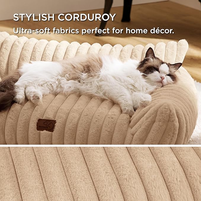 Bedsure Cute Cat Couch for Pets - Fluffy Small Dog Sofa with Premium Soft Corduroy Fleece, Pet Sofa with Removable Washable Cover, Supportive Dog Couch Bed for Small Medium Dogs, 30inch, Tuscan Beige