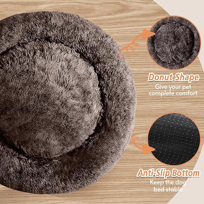 JOLLYVOGUE Medium Calming Dog Bed, Anti-Anxiety Donut Cuddler Cat Bed with Anti-Slip Bottom, Fluffy Faux Fur Machine Washable Pet Cushion for Medium Large Dog & Cat (31")