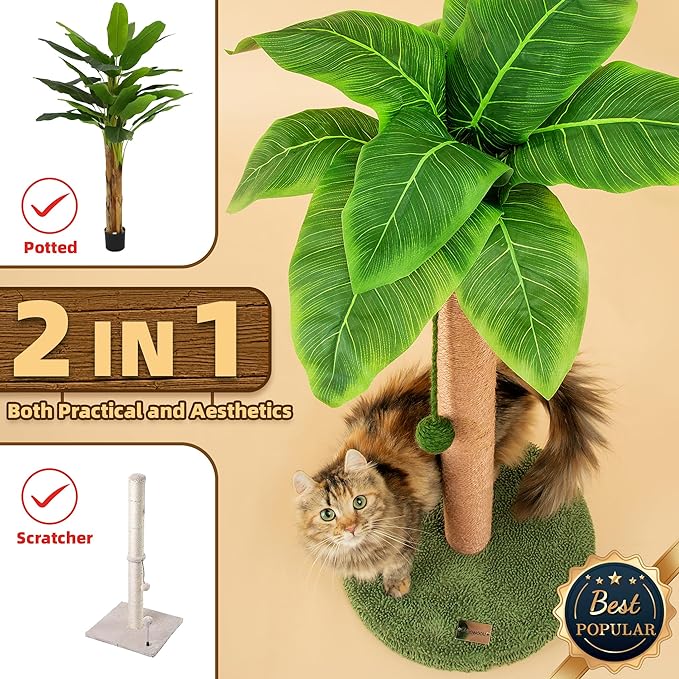 Meowoou Cat Scratching Post 33 Inch Tall Cat Scratcher for Indoor Cats Adults,Small Cat Tree Tower Sisal Rope Kitten Scratch with Interactive Hanging Ball
