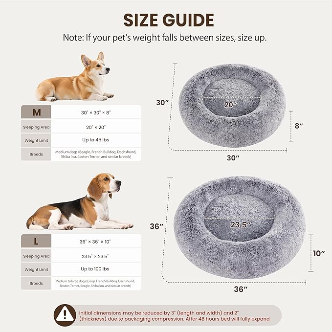 Calming Dog Bed - Donut Washable Large Size Round Pet Bed for Dogs and Cats, 36 inches Anti-Slip Fluffy Faux Fur Plush Cat Bed, Anti-Anxiety Cushion with Anti-Slip Bottom