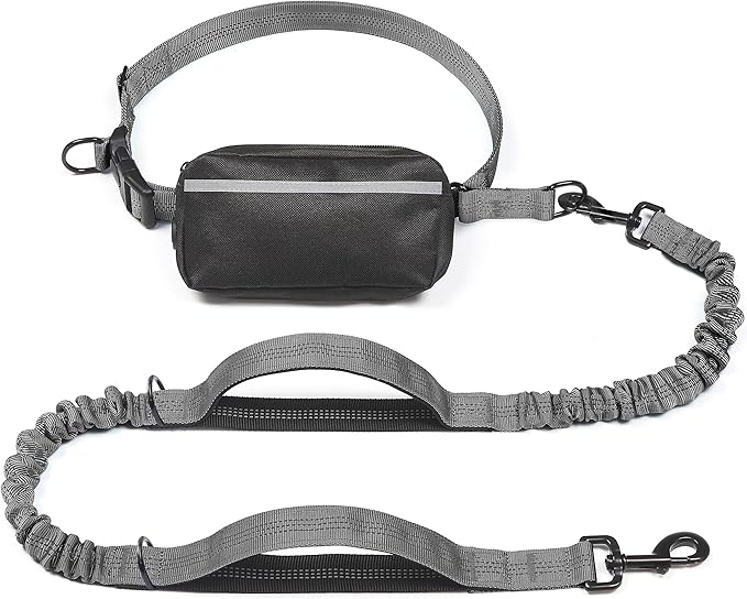 iYoShop Hands Free Dog Leash with Zipper Pouch, Dual Padded Handles and Durable Bungee for Walking, Jogging and Running Your Dog (Large, 25-120 lbs, Grey)