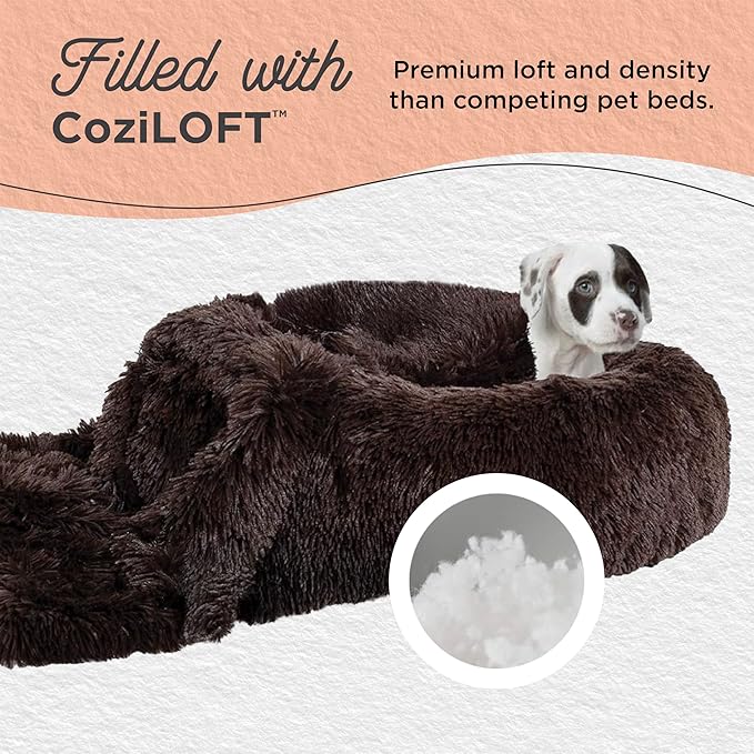 Best Friends by Sheri Bundle Set The Original Calming Shag Donut Cuddler Cat and Dog Bed + Pet Throw Blanket, Dark Chocolate, Extra Large, 45x45