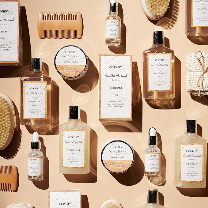 Birthday Gifts for Men, Spa Gift for Him, Dad, Mens, Husband - 11pc Vanilla Almond Unique Grooming Self Care Baskets, Personal Beard Care Gifts for Men Who Have Everything