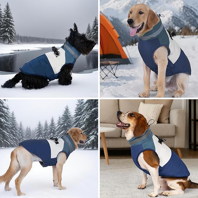 azuza Dog Coats for Large Dogs Waterproof Dog Coat with Reflective Strips and Harness Built in Warm Fleece Dogs Winter Coat Windproof with Back Zipper, Navy 3XL