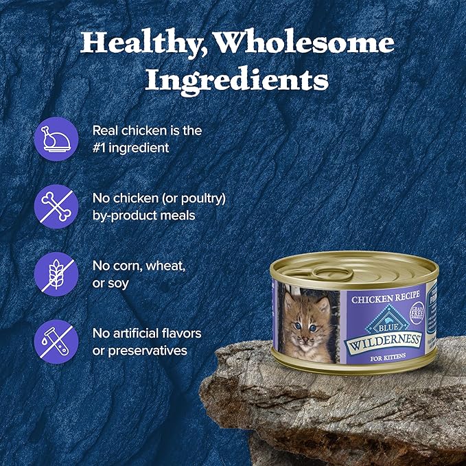Blue Buffalo Wilderness High-Protein Grain-Free Wet Kitten Food, Chicken Paté Recipe, 3-oz Cans, 24-Count