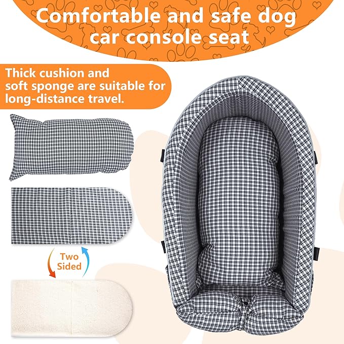 Center Console Dog Car Seat Dog Bed for Car Console Portable Armrest Booster Seat Carrier for Small Medium Dogs Anti-Collapse for Puppy Pet Up to 15 Lbs（Grid Black）