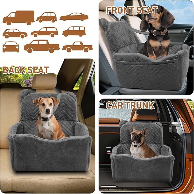 Dog Car Seat Booster with Waterproof Cover, Memory Foam, Small/Medium Dog Bed for Car Back Seat for Travel, 2 Safety Belt