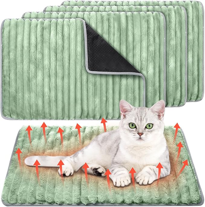 Nuanchu 4 Pack Self Warming Cat Bed 24 x18 Self Heating Dog Cat Pad Bulk Crate Mat Extra Warm Thermal Big Pet Pad for Indoor Outdoor Pets Houses with Removable Washable Cover Non Slip(Light Green)