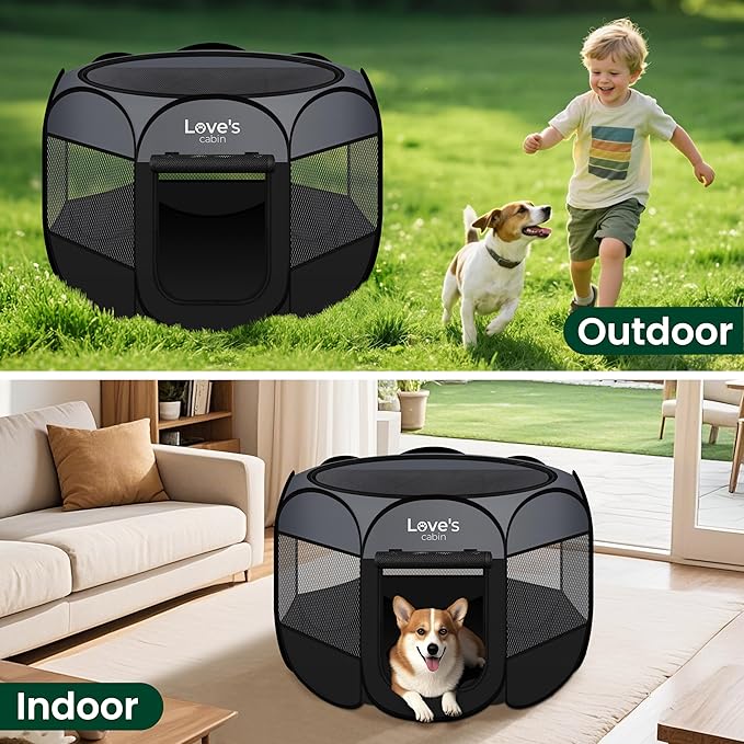 Love's cabin Pet Puppy Dog Playpen, Small Dog Tent Crates Cage Indoor/Outdoor, Portable Playpen for Cat, Foldable Pop Up Dog Kennel Playpen with Carring Case, Removable Zipper Top, Dark Grey