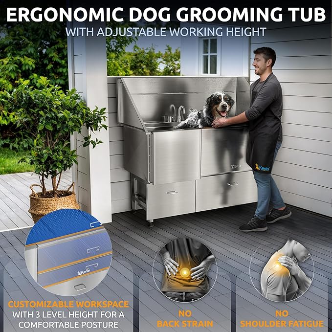 KANIS Professional Dog Washing Station - 304 Stainless Steel Pet Wash Sink & Grooming Bath Tub for Home with Ramp, Shower, Floor Grate, Storage Drawers, and Faucet for Large, Medium & Small Pets