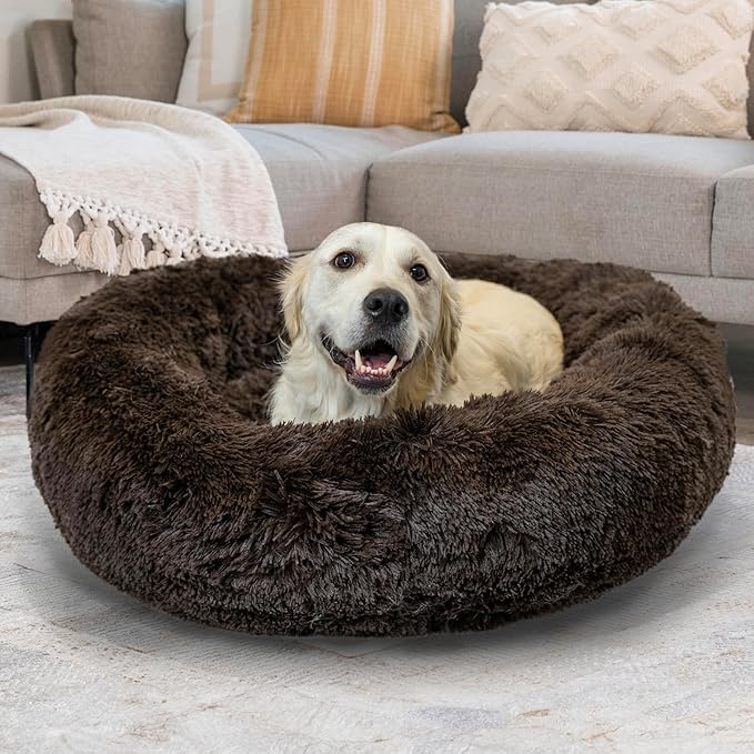 Best Friends by Sheri Bundle Set The Original Calming Shag Donut Cuddler Cat and Dog Bed + Pet Throw Blanket, Dark Chocolate, Large, 36x36