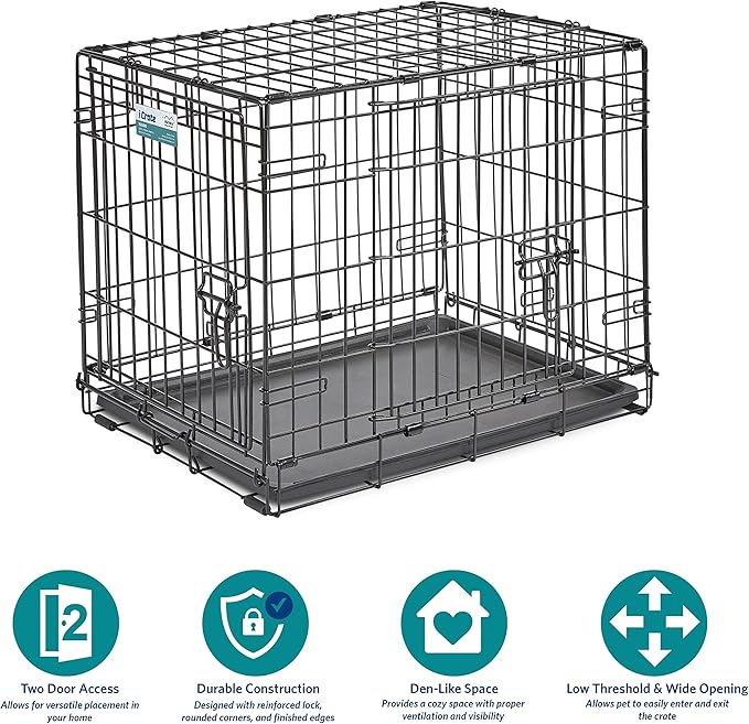 MidWest Homes for Pets 24-Inch Two-Door iCrate Folding Dog Crate with Divider Panel, Leak-Proof Tray & Secure Latches – Metal Wire Kennel for Small Breeds – Portable, Durable & Easy to Assemble