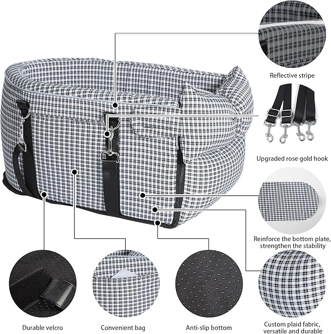 Center Console Dog Car Seat Dog Bed for Car Console Portable Armrest Booster Seat Carrier for Small Medium Dogs Anti-Collapse for Puppy Pet Up to 15 Lbs（Grid Black）