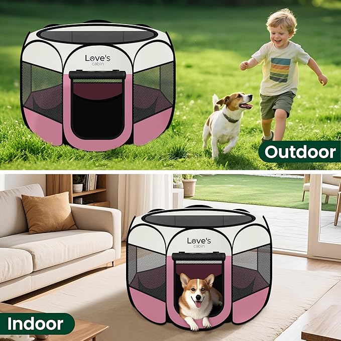 Love's cabin Pet Puppy Dog Playpen, Medium Dog Tent Crates Cage Indoor/Outdoor, Portable Playpen for Cat, Foldable Pop Up Dog Kennel Playpen with Carring Case, Removable Zipper Top, Pink