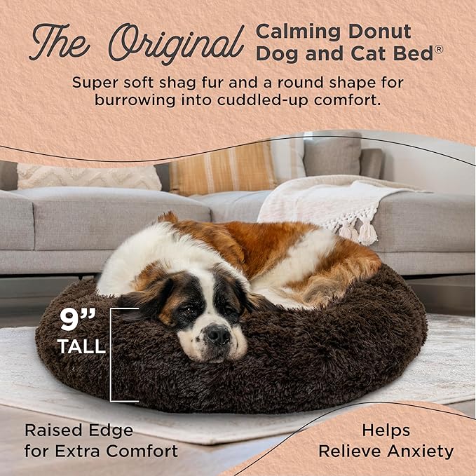 Best Friends by Sheri Original Calming Donut Dog and Cat Bed, Shag Faux Fur, Dark Brown, XL (45in x 45in) - Anxiety Relief for Pets Up to 150 lbs