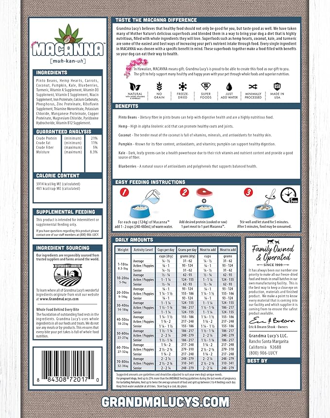 Grandma Lucy's Macanna Dog Food, Grain Free and Freeze-Dried - Pre-Mix, 3Lb Bag
