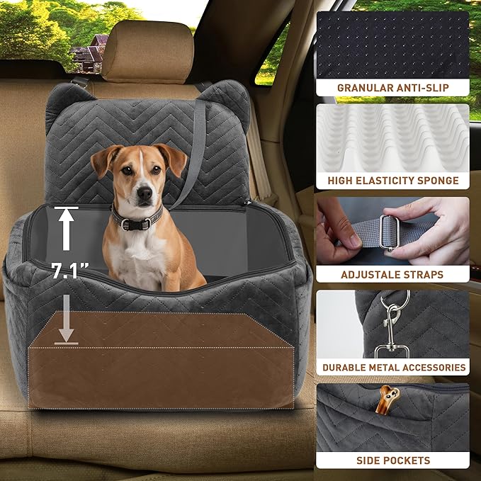 Dog Car Seat for Small Medium Dog up to 30 lbs with Waterproof PU Cover Pet Car Booster Seat with Memory Foam for Travel, Grey, 2 Safety Belt