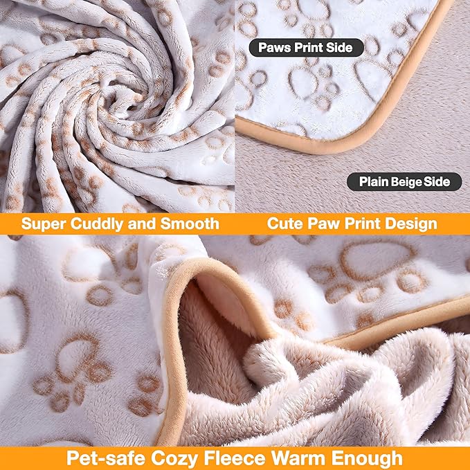 Stuffed Small Beige Premium Soft Dog Blanket, with Flannel Beige Cute Paw Print, 24 * 32 inches, Cat Blanket Puppy Supplies Poodle‌ Dog Products Stuff Essentials