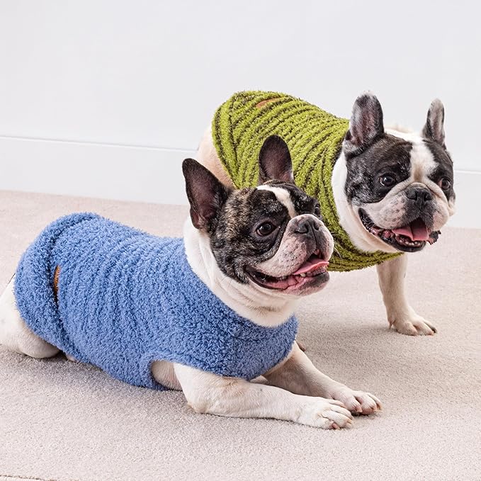 Fitwarm 2 Pack Striped Fleece Dog Sweater, Warm Winter Clothes for Small Dogs Boy Girl, Fuzzy Pet Outfit, Sky Blue, Olive Green, XXL