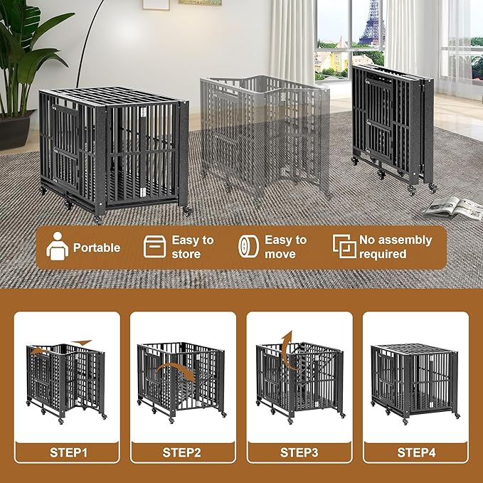 Polar Aurora Heavy Duty Dog Crate, Foldable Indestructible Dog Kennel, Escape Proof Extra Large Dog Cage with Lockable Wheels, High Anxiety Pet Playpen with Double Door for Indoor/Outdoor Use. (60in)