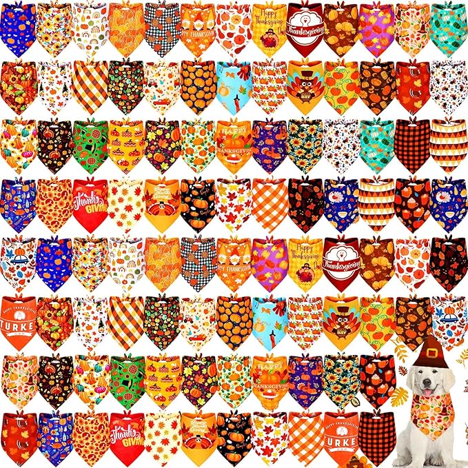 Newwiee 100 Pcs Fall Dog Bandanas Bulk for Large Dogs Thanksgiving Pumpkin Maple Leaf Triangle Bandanas Bibs Adjustable Pet Scarf Holiday Soft Breathable Thanksgiving Day Scarf Accessories for Puppy