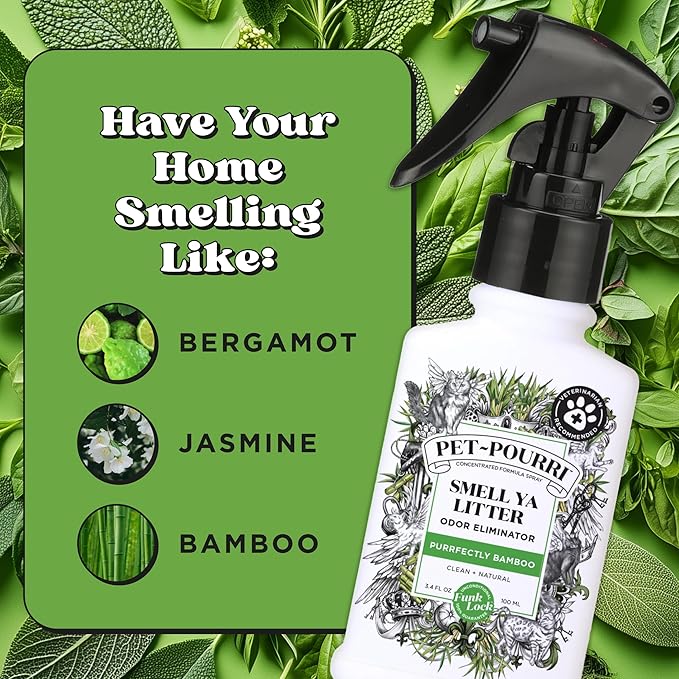 Pet-Pourri Smell Ya Litter Cat Litter Deodorizer Spray, 3.4 Fl Oz, Up to 170 Uses, Pet Odor Remover with Essential Oils for Air, Carpet, Urine, Vet Recommended, Bergamot Bamboo Scent