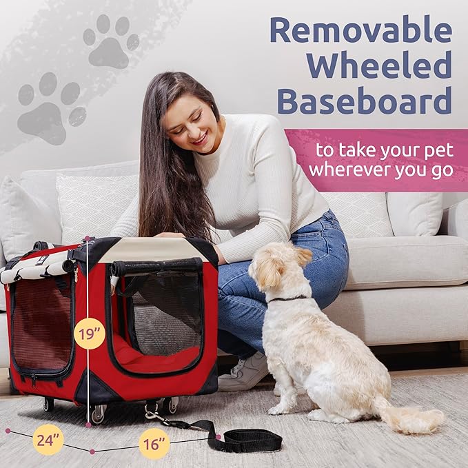 Large Cat Carrier on Wheels, Dog Carrier for 2 Cats or Medium Dog, Soft-Sided, Collapsible with Locking Zippers, Red