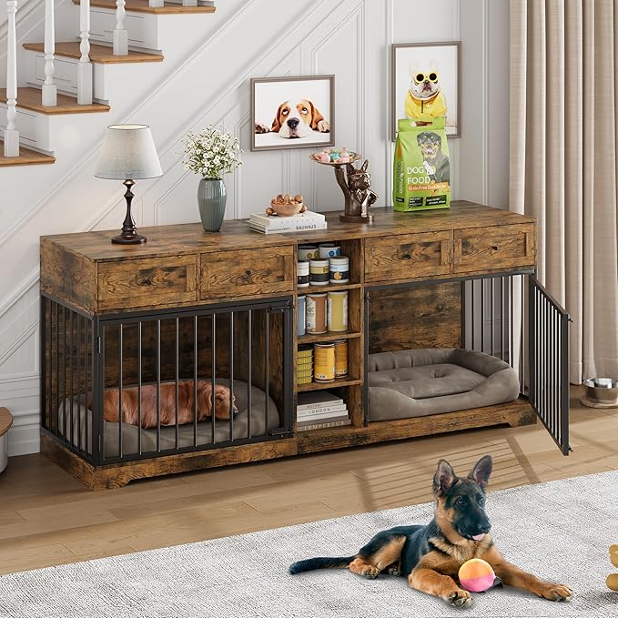 GarveeHome 82” Double Dog Crate Furniture, Large Dog Kennel Indoor for 2 Dogs, Heavy Duty Wooden Dog Crate TV Stand with 4 Drawers and Shelves, Brown