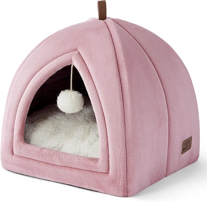 Bedsure Cat Beds for Indoor - 2 in 1 Cat Cave House Tent for Kittens and Small Pets with Removable Washable Cushioned Pillow, Foldable Kitten Hideaway with Non-Slip Bottom, Pink, 16 inches