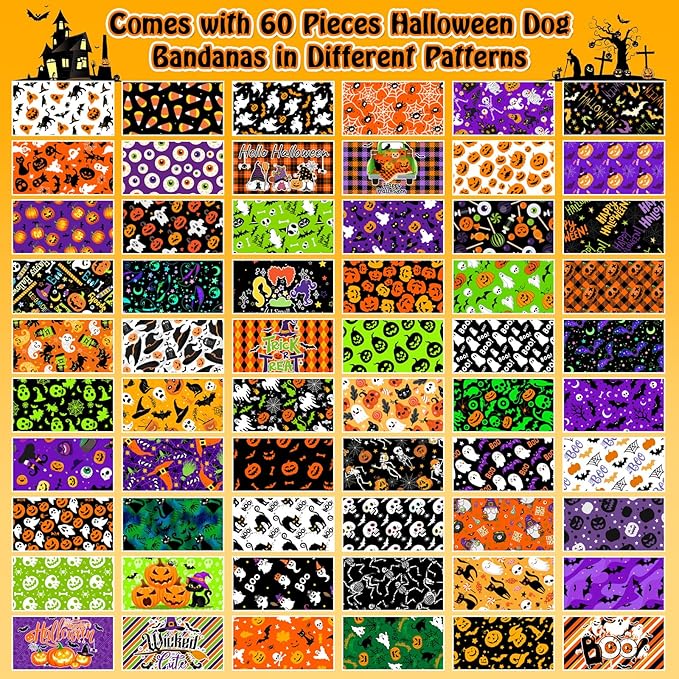 60Pcs Halloween Dog Bandanas Bulk Adjustable Dog Scarves Bibs Pumpkin Bat Ghost Puppy Bandanas Pet Neckerchief Washable Holiday Halloween Bandanas for Small Medium Large Dog Pet Grooming Accessories