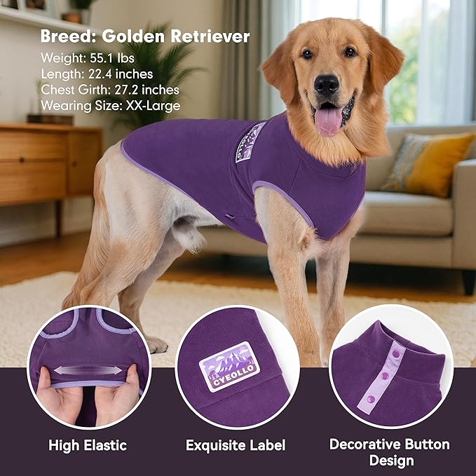 cyeollo 3XL Fleece Dog Sweater, Pullover Sweatshirt Stretchy Fleece Vest Warm Winter Fall Clothes for Large Dogs Boy Girl Turtleneck Pet Apparel, Purple XXXL