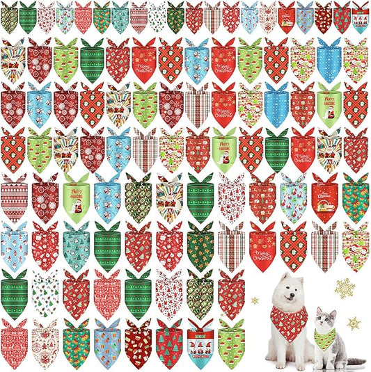 100 Pcs Christmas Dog Bandanas Bulk 3 Sizes Dog Washable Bandana Adjustable Washable Xmas Scarf for Christmas Holiday Small Medium Large Pet Supplies