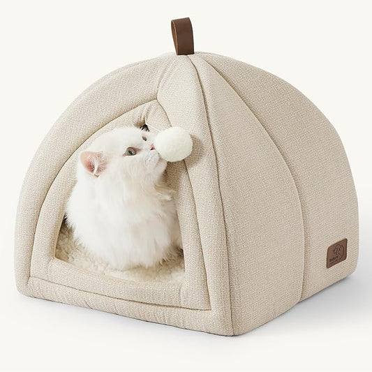 Bedsure Cat Beds for Indoor - 2 in 1 Cat Cave House Tent for Kittens and Small Pets with Removable Washable Cushioned Pillow, Foldable Kitten Hideaway with Non-Slip Bottom, Beige, 16 inches