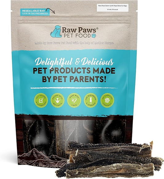 Raw Paws Green Lamb Tripe Sticks for Dogs (25-Count) - Single Ingredient, Grass-Fed & Free Range - Crunchy Lamb Dog Treats - All Natural Dog Chews