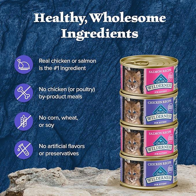 Blue Buffalo Wilderness Kitten Food, High-Protein & Grain-Free Wet Cat Food Paté Variety Pack, Chicken & Salmon Recipes, 3-oz Cans (6 Count, 3 of Each)