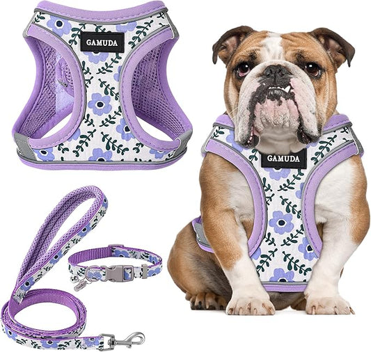 GAMUDA Small Dog Harness Collar and Leash Set, Step in No Chock No Pull Soft Mesh Adjustable Dog Vest Harnesses Plaid Reflective for Dogs Puppy Cats Kitten Rabbit (Purple Flower, L)