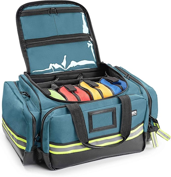 Scherber Fully-Stocked First Responder Professional Advanced EMT/EMS Trauma Kit | HSA/FSA Approved | Reflective Bag w/10+ Compartments, Zippered Pockets & 250+ First Aid Supplies (Blue)