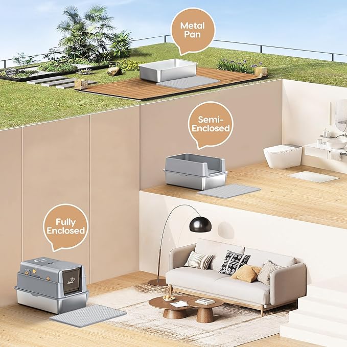 L7 Ultra-Stainless Steel Litter Box with Smart Odor Control, XXL Extra Large Enclosed Metal Cat Litter Box with Lid for Kitty&Big Cats, High Sided Enclosure with Scoop & Mat, Anti-Leakage-Grey