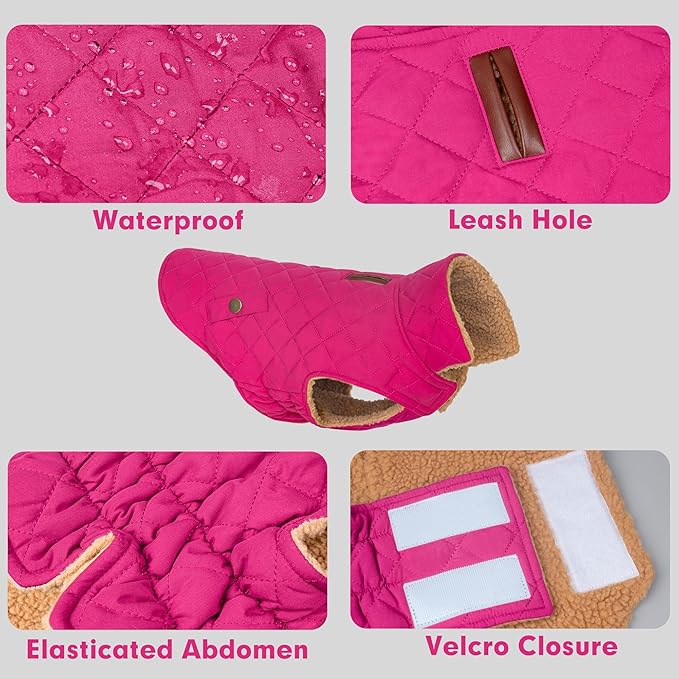 azuza Dog Jacket Waterproof & Windproof Dog Coat for Small Dogs with Thick Fleece, High Collar with Leash Hole, Adjustable Velcro & Elastic Belly, Rose Red L